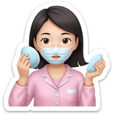 angelic asian girl doing skin care in baby pink pajamas, applying mask to her face sticker