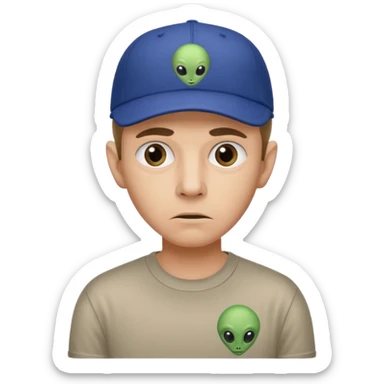 trust no one Mulder from the x-files looking very very worried wearing a t-shirt and a baseball cap with a picture of an alien sticker