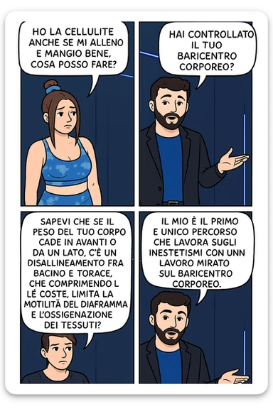 TRASFORMA QUESTO CAROSELLO IN UN FUMETTO CON QUESTE DUE PERSONE IDENTICHE CHE INTERLOQUISCONO TRA LORO:

LEI: Ho la cellulite anche se mi alleno e mangio bene, cosa posso fare?

LUI: Hai controllato il tuo baricentro corporeo?
LUI: Sapevi che se il peso del tuo corpo cade in avanti o da un lato, c’è un disallineamento fra bacino e torace, che comprimendo le coste, limita la motilità del diaframma e l’ossigenazione dei tessuti?
LUI: Il mio è il primo e unico percorso che lavora sugli inestetismi con un lavoro mirato sul baricentro corporeo. sticker