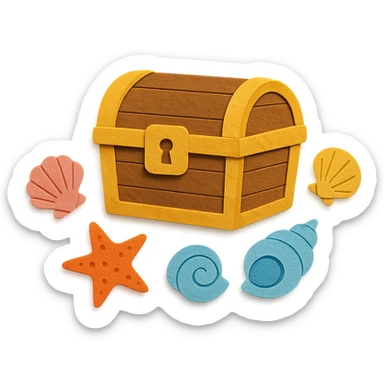 closed treasure chest with a lock, surrounded by seashells and starfish in paper-craft style sticker