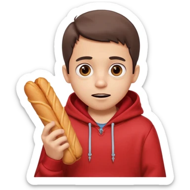 ute funny Spanish cartoon boy named Peque Tito, red hoodie, denim shorts, big expressive eyes, holding a churro, Pixar-style, viral character.” sticker