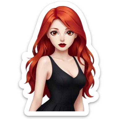 a pretty woman with long red hair and red eyes. The woman wear a black little cutted dress. She have red lipstick and she have a seductive look. She was barefoot sticker