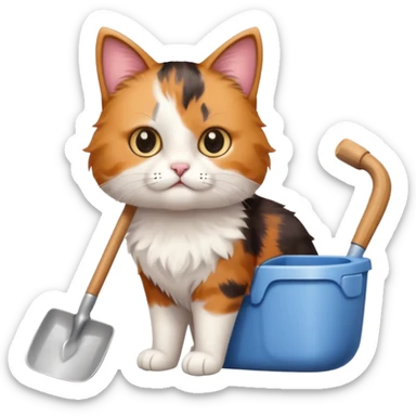 A very cute cat holding a toilet shovel, a litter box beside it sticker