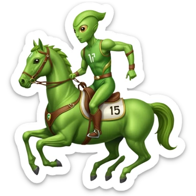 alien riding horse wearing racing cloth with number 15 sticker