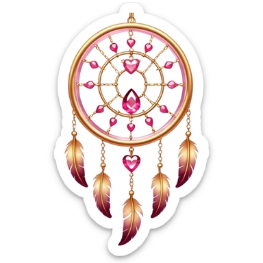 Reddish-pinkish and golden warm-colored romantic lush beautiful pretty hanging crystal-catcher aesthetic with hearts and sparkles and feathers sticker