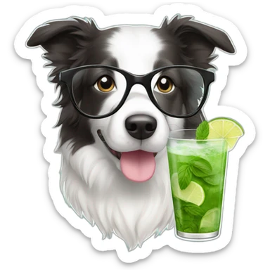 puppy border collie with glasses sniffing mojito sticker