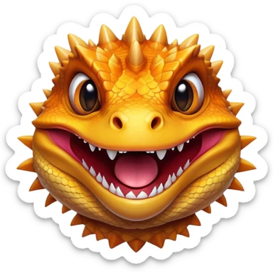 Cinematic Comical Bearded Dragon Portrait Emoji, Head tilted dramatically with an exaggeratedly amused expression, featuring a striking, glossy scaled hide with a quirky, spiky beard and wide, expressive eyes full of playful disbelief, Simplified yet hilariously expressive features, highly detailed, glowing with a slightly sassy glow, high shine, dramatic yet playful, stylized with an air of cheeky mischief, bright and endearing, soft glowing outline, capturing the essence of a spirited and over‐the‐top dragon, so meme‐worthy it feels like it could snap its jaws into internet fame instantly! sticker