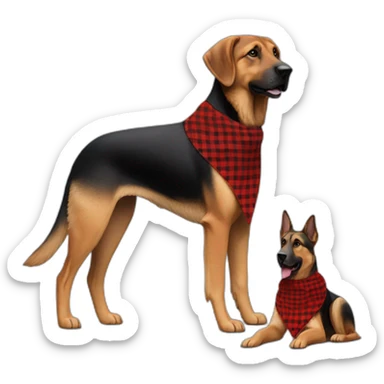 75% Coonhound 25% German Shepherd mix dog wearing small pointed red buffalo plaid bandana side view full body facing left sticker
