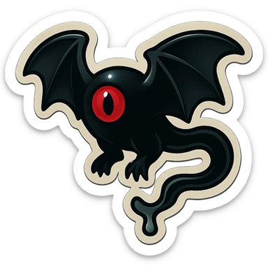 an all black reptilian bat-like creature. One cyclopian red eye in its face. no visible mouth or ears. 2 hind legs with claws. has a long tale with a stinger that drips green poison. no ears. no horns. no arms. sticker