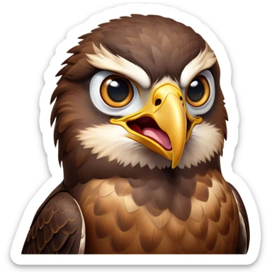Cinematic Comical Hawk Portrait Emoji, Head tilted dramatically with an exaggeratedly shocked expression, featuring a sharply defined beak and wide, comically expressive eyes full of playful disbelief, Simplified yet hilariously expressive features, highly detailed, glowing with a slightly sassy glow, high shine, dramatic yet playful, stylized with an air of cheeky aerial mischief, soft glowing outline, capturing the essence of a meme-worthy hawk that looks ready to side-eye its way into viral fame! sticker