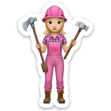 lumberjack blonde woman holding axe pink checked shirt and overall sticker