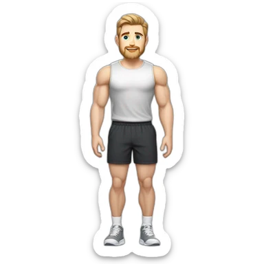 Full height Pale skinned fit man With biceps, Realistic eyes and mouth, light brown hair and stubble In dark gray sleeveless mike, black oversize sports shorts, watch and white sneakers. sticker