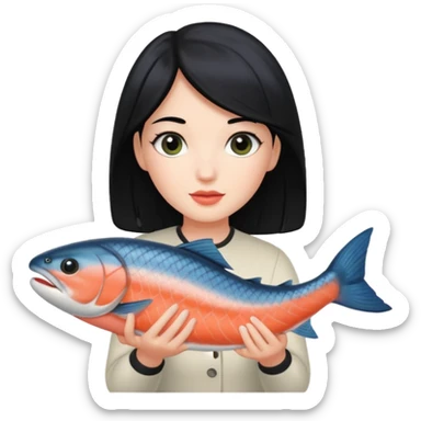 White lady with black hair holding a salmon  sticker