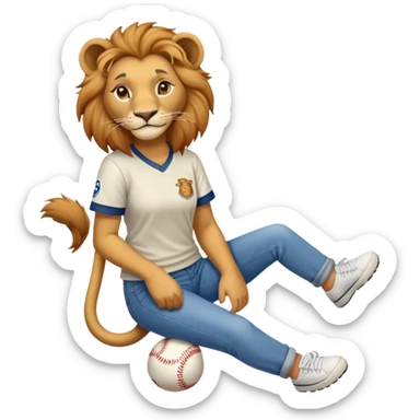 confident anthropomorphised female lion wearing a baseball shirt, jeans, and trainers, helping someone up after a fall, showing kindness sticker