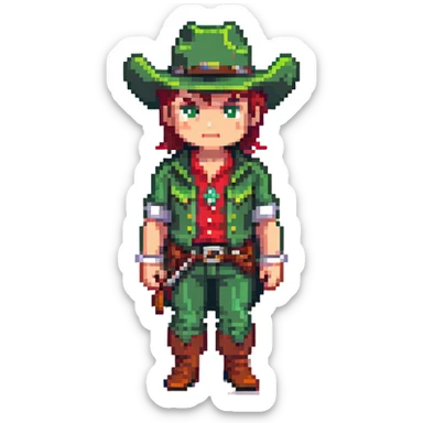 Cowboy character with green outfit and hat, western style sticker