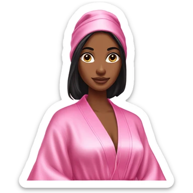 Tanned woman with long black hair wearing a silk pink Victoria’s Secret robe sticker