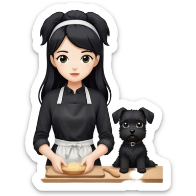 pale girl with long black hair wearing black long sleeve tshirt wearing apron and baking holding black floppy ear schnauzer no tail sticker
