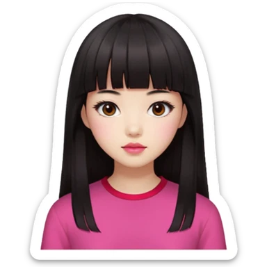 Korean girl, red top, black brown hair, brown eyes, long hair, cool girl, aesthetic, long hair, hime cut, blunt bangs, pink lips, pink cheek sticker