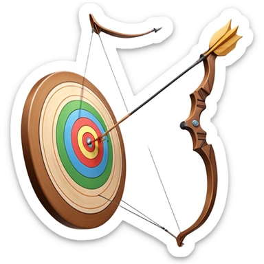 A professional recurve bow with an arrow nocked, ready to be released. The target features concentric rings, placed at a distance. The emphasis is on the bow, arrow, and target, highlighting the precision, focus, and skill involved in competitive archery. sticker