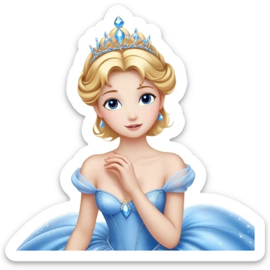 Cinematic Stunning Cinderella Portrait Emoji, Radiant in her sparkling blue ball gown, golden hair in a perfect updo, soft blue eyes full of wonder, glistening tiara, glowing with an ethereal beauty, regal yet kind, a dreamlike aura surrounds her, capturing the essence of a fairy tale princess, elegant and breathtaking! sticker