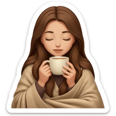 long brown hair woman closed eyes hiding under a cozy wool beige blanket, holding cup of coffee, autumn mood sticker