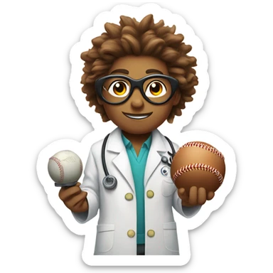 cartoon scientist with wild hair, wearing a lab coat and goggles holding a baseball players swine sticker