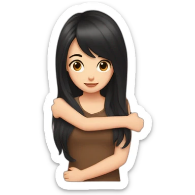 one girl with long brown hair hugging a shorter girl with medium black hair sticker