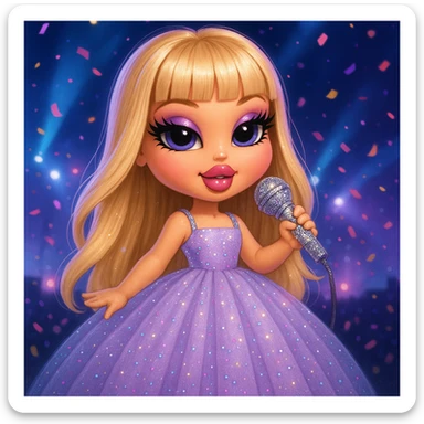 Pretty and girly Blonde pop star with bangs wearing a sparkly tulle light purple ballgown, holding a bedazzled microphone, reimagined as a cute Bratz doll, with a nighttime concert backdrop with colorful confetti sticker
