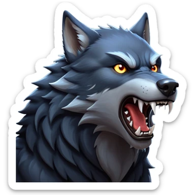 cinematic-noble-fierce-werewolf-howling-portrait-emoji, poised-and-imposing, with a fierce wolfish face tilted upwards in a haunting howl, glowing eyes full of primal ferocity, sharp, and a rugged snout, fur rippling in shades of midnight black and silver, muscles tensed as the powerful howl echoes beneath the moonlit sky; rendered with realism, capturing the raw, untamed power of the beast in its wild, primal state sticker