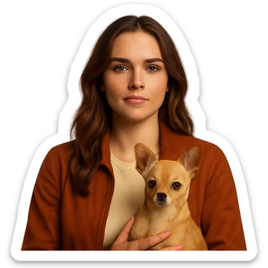 Portrait centered for Instagram profile picture, inspired by the facial features visible in the reference images, with tanned skin and subtle freckles, wearing a shirt color #FFF8CA and a rust-colored jacket, medium-length brown hair with auburn highlights, proud and confident expression, holding a beige-brown chihuahua, Netflix series style, transparent background, intimate Tenerife ambiance. sticker