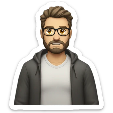 very angry white man with beard, medium lenght dark hair and glasses sticker
