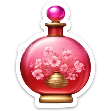 An antique perfume gradient red and pink bottle in oriental style, oil perfumes inside, sequins and flowers flying around sticker