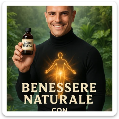 Create a vertical 9:16 wellness semi-realistic style image of a man with the face from the reference image. He is holding a bottle labeled 'acido fulvico'. Show translucent energy on the abdomen. The environment is natural with plants and clean water. Include Italian text. sticker