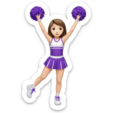 White girl with brown hair, wearing a white and purple chair, dress with one leg in posse and the other one straight and have her wearing  white tennis shoes and have one hand on her hip and the other hand in the air with a purple and yellow pom pom sticker