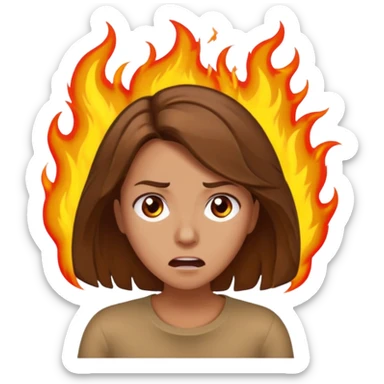 Woman with hair on fire looking stressed and panicked with brown shoulder length hair sticker