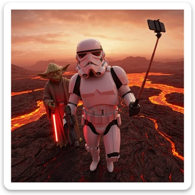 Camera POV, Starwars stormtroopers vlogging selfie, he is walking on lava planet with yoda sticker