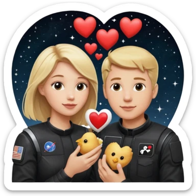 Couple with blonde hair wearing black eating chick filet hearts and outer space in the background  sticker