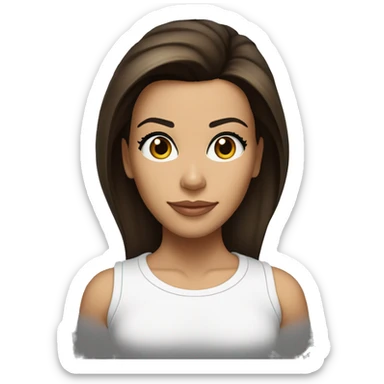 3/4 face, contrasted, shadow, light, Eva Longoria expression, standing, thin nose, brunette woman, hazel eyes, long eyelashes, dark shoulder shaded hair, white t-shirt, jeans, white sneakers sticker