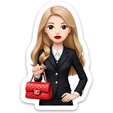 White girl with light brown long hair dressed up in black chanel suit with a chanel bag and red lipstick sticker
