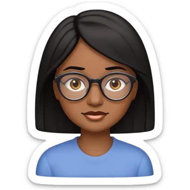 A woman emoji with medium-dark skin, straight shoulder-length black hair parted to the side, an oval-shaped face, arched dark eyebrows, large brown eyes with glasses, a small nose, and natural-toned lips. sticker
