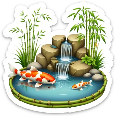 Romantic Asian koi fish pond and bamboo fountain scenic scenery landscape deco sticker