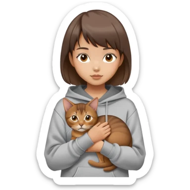 a asian girl with short brown hair and bangs holding an Abyssinian cat， wearing grey hoodie sticker