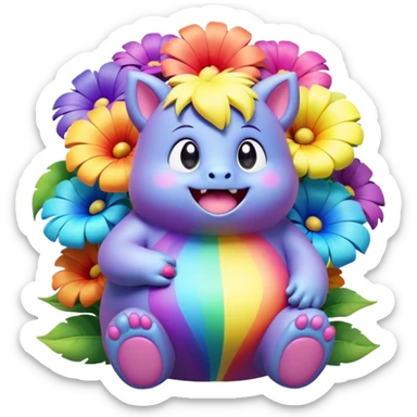 3D, Kawaii derpy fat rainbow monster sitting in a magical rainbow hued flower, rich textures, visually detailed, so lifelike that it feels like it could leap off the page at any moment sticker