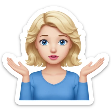 Girl Blonde short wavy hair,  blue eyes, cute blue top, long lashes, pink lips, confused, shrugging hands raised sticker