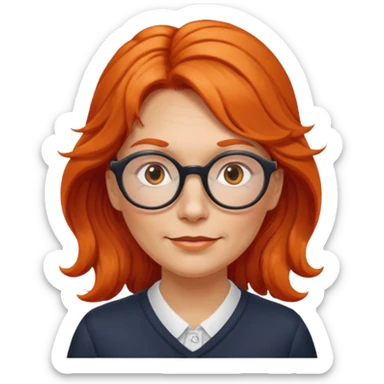middle-aged Norwegian woman with long wavy orange-red hair tied loosely to the left, wearing large round glasses sticker