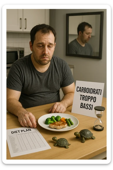Uomo sui 35 anni in cucina, con espressione affaticata e spenta, guarda un piatto con pochissimi carboidrati (solo qualche verdura e proteine). Accanto a lui, fogli con una dieta rigida e una scritta visibile: 'Carboidrati troppo bassi'. Il suo corpo appare bloccato, senza definizione, con uno specchio alle spalle che riflette una figura stanca e senza progressi. Sul tavolo ci sono simboli che richiamano il metabolismo rallentato: una tartaruga, una clessidra ferma. sticker