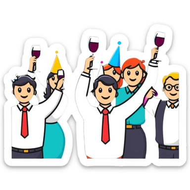 group of happy office workers celebrating with party hats, confetti and wine glasses sticker