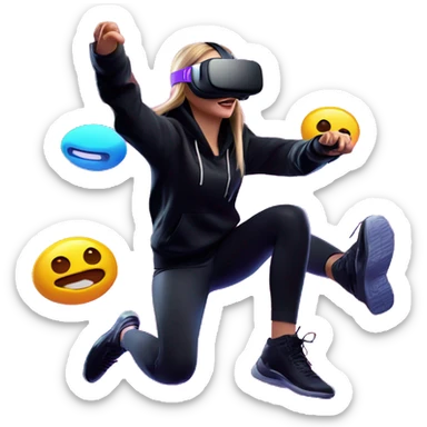 Russian girl wearing black hoody with violet letters "OMG", in vr headset oculus quest2. jumping. Cyberpunk style. Violet neon. sticker
