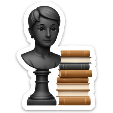 Minimalistic flat vector icon, iOS style, thin black contour on white background. Bust statue on a small pedestal next to a stack of books, symbolizing classic literature. Clean, no text, no shadows sticker