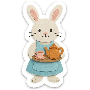 highly detailed, high quality paper craft style illustration of a white bunny in an apron holding a tea tray, intricate textures, soft lighting, delicate cut-paper details sticker